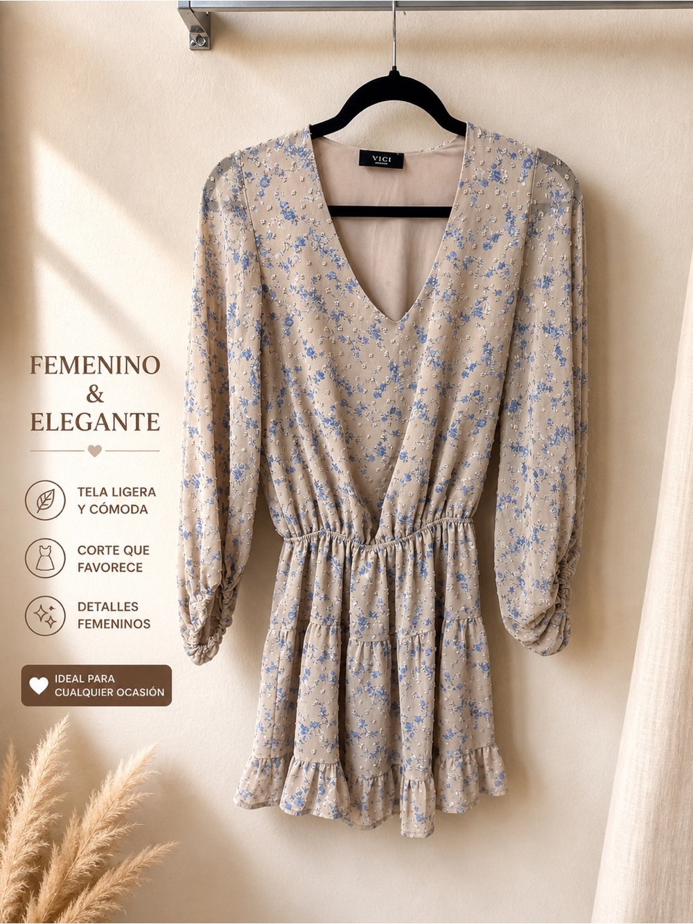 VICI Beige Mini Dress with Blue Floral Print and V-Neck